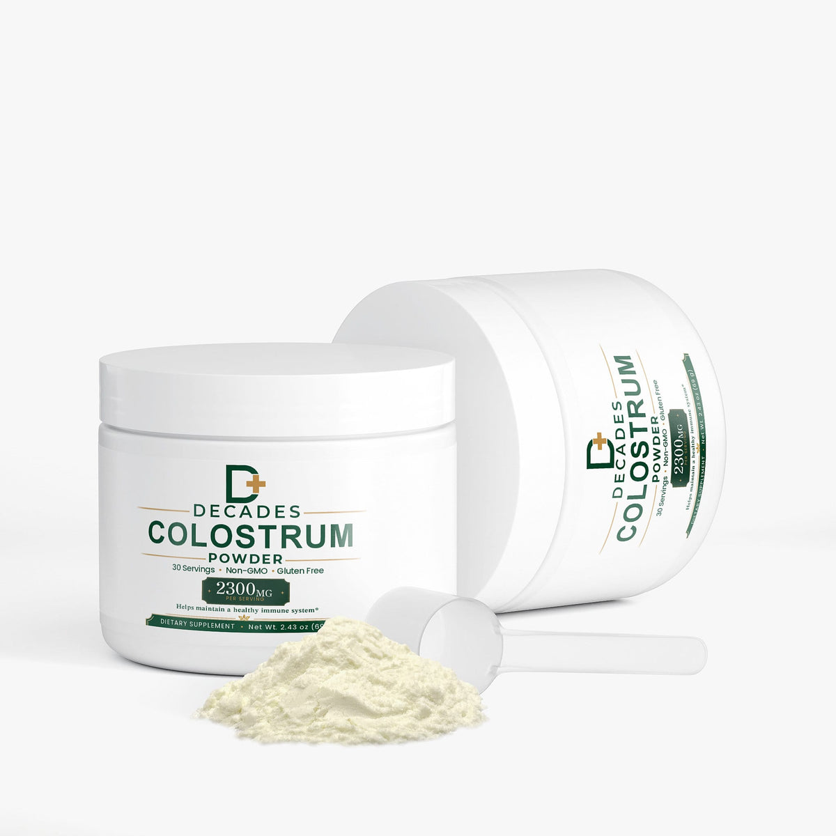 Decades Colostrum Powder supplement tub