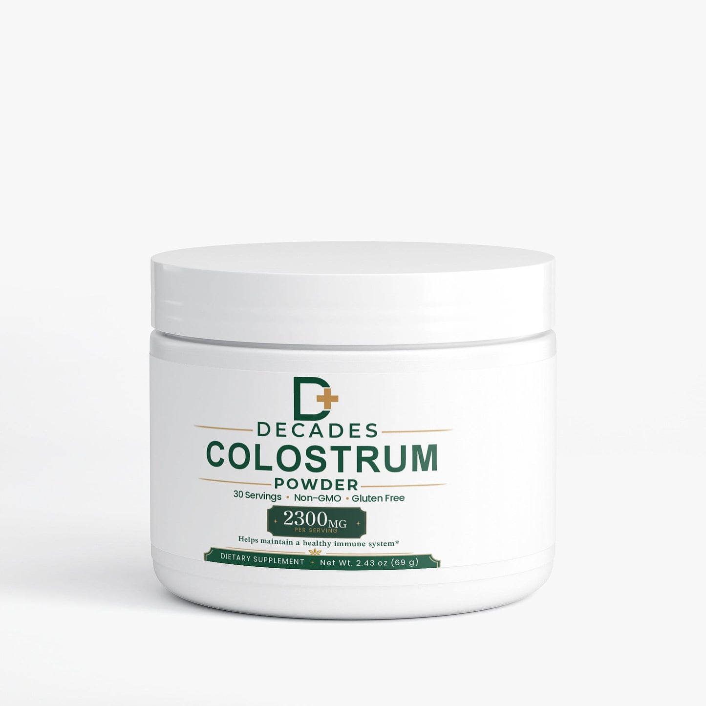 Decades Colostrum Powder supplement tub